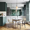 Modern Restaurant Interior With Green Plant Mural Glass Partition And Round Marble Dining Table