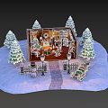 Cartoon Christmas Scene With Cozy Cottage Snowman Sleigh And Pine Trees