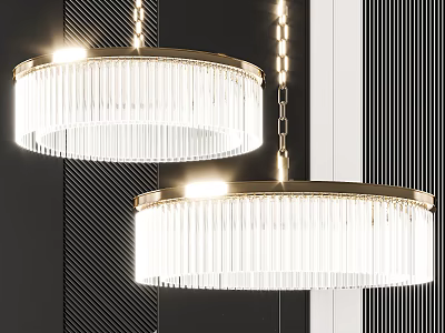 Double Modern Round Crystal Chandeliers With Gold Metal Frames And Hanging Frills In Interior 3d model