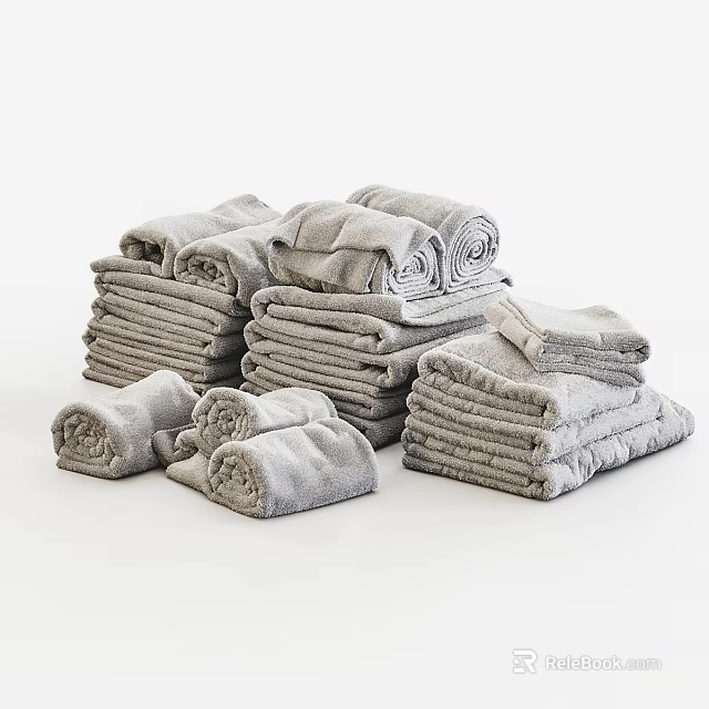 Soft Gray Towels in Different Sizes Stacked Neatly on White Background 3d model 
