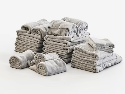 Soft Gray Towels in Different Sizes Stacked Neatly on White Background 3d model