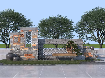 Traditional Garden Wall With Stone Brick Metal Grid Ceramic Pots And Potted Plant Near Trees 3d model