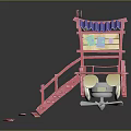 Cartoon Scene Of Pink Wooden Dock With Stairs And Blue Roof Pavilion