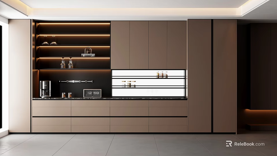 Modern Sideboard Design With LED Lighting Open Shelves Coffee Machine And Decorative Items 3d model 