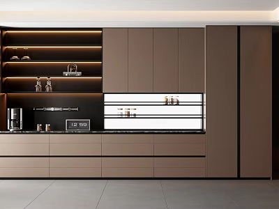 Modern Sideboard Design With LED Lighting Open Shelves Coffee Machine And Decorative Items 3d model