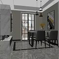 Modern Dining Room Interior With Glass Door Pendant Lights Artwork And Yellow Flowers
