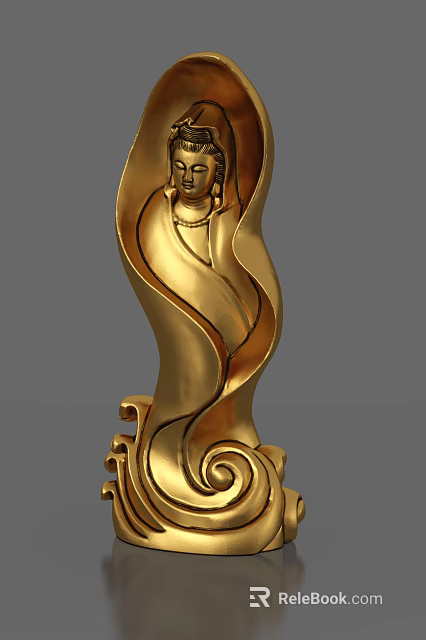 Golden Buddha Sculpture Carving With Wavy Design And Intricate Base Details 3d model 