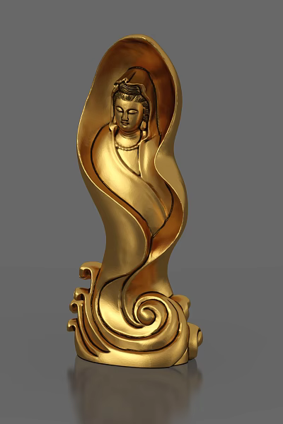 Golden Buddha Sculpture Carving With Wavy Design And Intricate Base Details 3d model