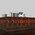 Traditional Open Kitchen Counter With Red Panels Green Patterns And Wooden Frame