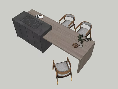 Modern Kitchen Interior Design With Wooden Island Countertop Stove Chairs Cabinets And Decorative Plant 3d model