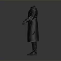 3D Model of Black Leather Long Coat With Belt And Long Sleeves In Standing Pose