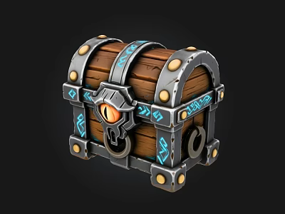 Fantasy Wooden Treasure Chest With Eye Shaped Lock And Blue Glowing Runes 3d model