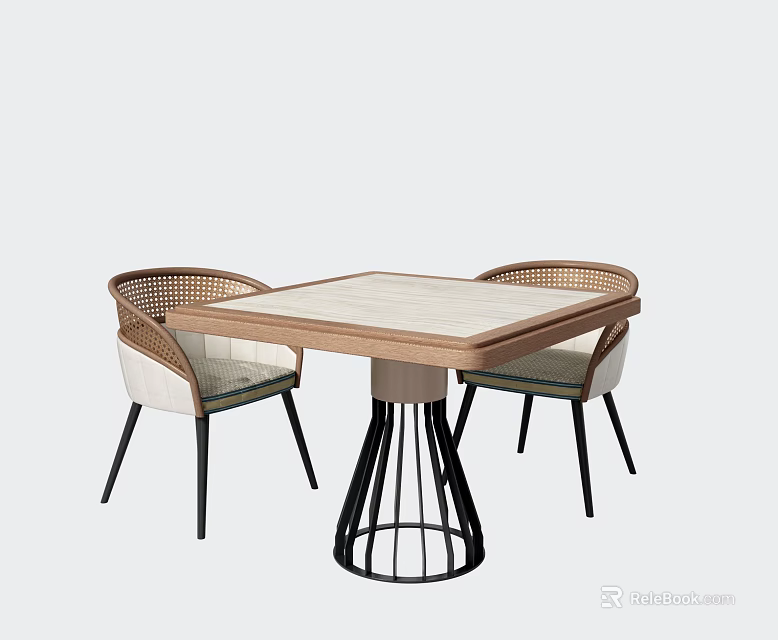 Modern Square Dining Table Set With Wooden Tabletop Black Metal Base And Rattan Backrest Chairs 3d model 