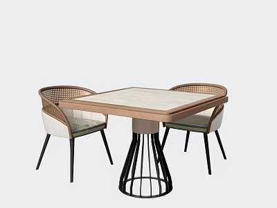 Modern Square Dining Table Set With Wooden Tabletop Black Metal Base And Rattan Backrest Chairs 3d model