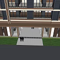 Modern Residential Building Main Entrance Gate With Reflective Pool And Landscaped Greenery