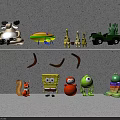 Playful Dolls and Toys Collection with SpongeBob Green Monster Giraffe Squirrel and Truck on Shelf