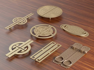 Golden Door Handles with Various Intricate Designs Placed on Wooden Surface 3d model