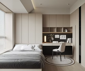 Modern Tatami Bedroom Bed Wardrobe Table Lamp Curtain Carpet Pillow 3d model