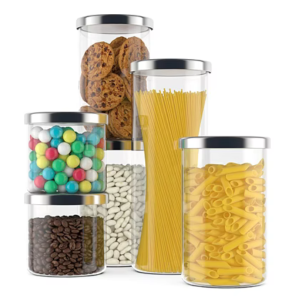 Transparent Glass Storage Jars With Silver Lids Holding Candies Coffee Beans Pasta Cookies 3d model