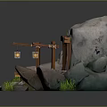 Natural Rocky Cave Entrance With Wooden Archway Lanterns Rail Tracks Mine Cart And Green Plants
