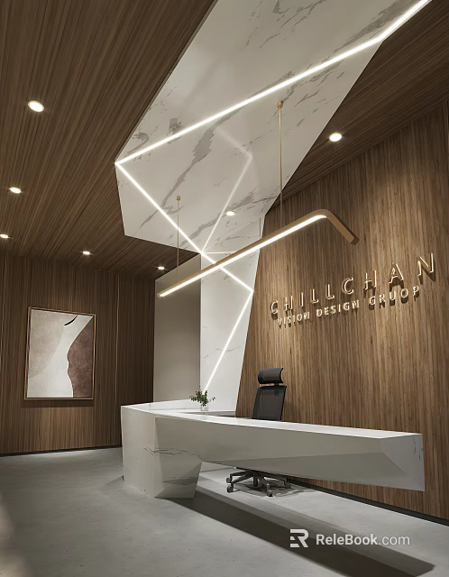 Modern Reception Desk With Wooden Wall Marble Countertop Hanging Lights And Brand Signage 3d model 