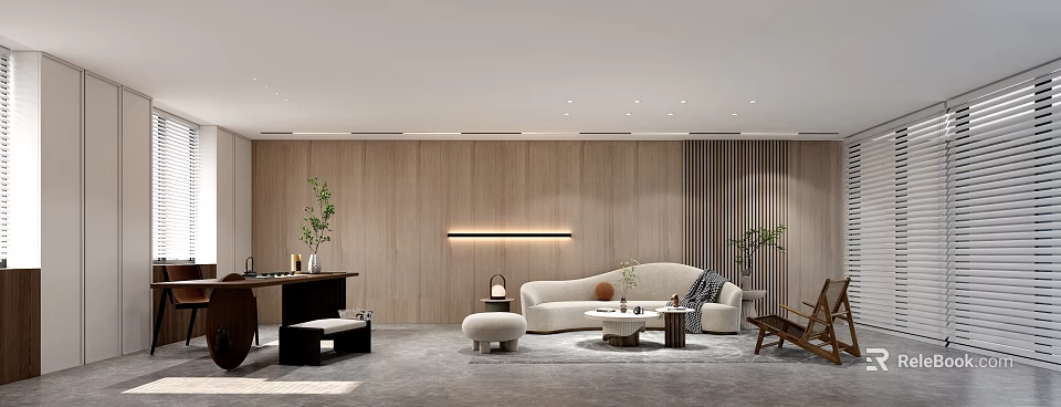 Modern Office Interior Design With Wooden Wall Sofa Coffee Table And Plants 3d model 