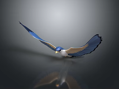 Blue and white bird flying with spread wings on gray background showing clear reflection below 3d model