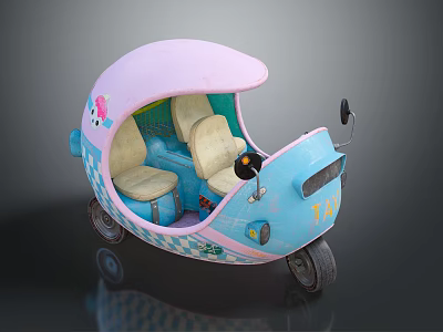 Colorful Cartoon Taxi Tricycle With Pink Roof Blue Body Checker Pattern And Beige Seats 3d model