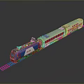 Colorful Model Train with Blue Locomotive Pink and Orange Carriages on Track with Reflection