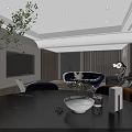 Modern Living Dining Room Interior With Dark Sofa Blue Chair And Marble Floor