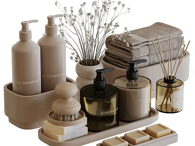 Neutral Toned Daily Wash Essentials With Shampoo Conditioner Towels Soap And Tray 3d model
