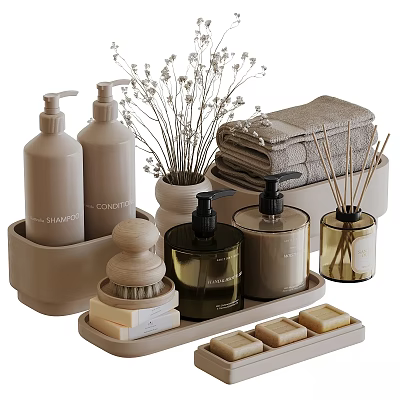 Neutral Toned Daily Wash Essentials With Shampoo Conditioner Towels Soap And Tray 3d model