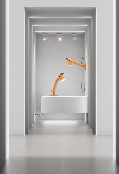 Minimalist Modern Bathroom Lighting Combination With Orange Adjustable Arm Lamps And White Bathtub 3d model