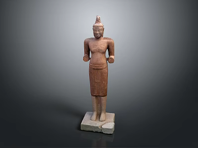 Ancient Stone Carving Sculpture of Standing Figure With Decorative Headpiece and Stone Base 3d model
