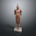 Ancient Stone Carving Sculpture of Standing Figure With Decorative Headpiece and Stone Base