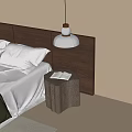 Light Shade Dark Base Pendant Light in Bedroom with Wooden Headboard Open Book on Nightstand