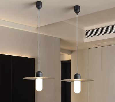 Modern Minimalist Pendant Lights With Black Rods And White Shades In Interior Space 3d model