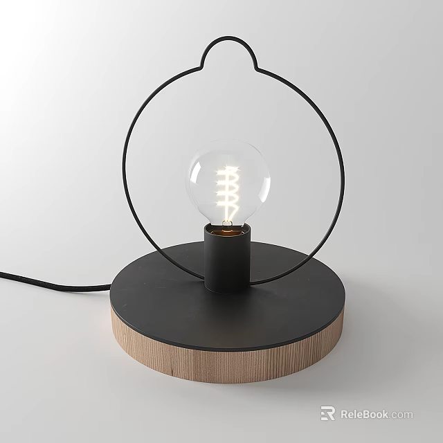 Modern Table Lamp With Black Circular Frame Transparent Bulb And Wooden Base 3d model 