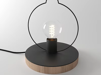 Modern Table Lamp With Black Circular Frame Transparent Bulb And Wooden Base 3d model