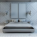 Modern Bedroom with Background Double Bed Gray Wall Hanging Art Pendant Lights Nightstands Wooden Floor