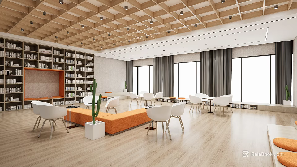 Book Art Modern Reading Space With Wooden Ceiling Large Windows White Chairs And Orange Bench 3d model 