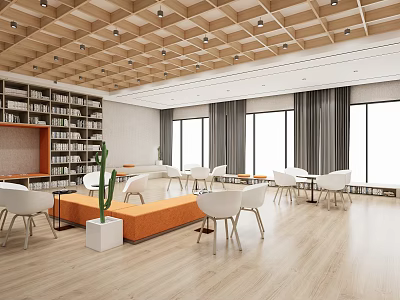 Book Art Modern Reading Space With Wooden Ceiling Large Windows White Chairs And Orange Bench 3d model