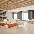Book Art Modern Reading Space With Wooden Ceiling Large Windows White Chairs And Orange Bench