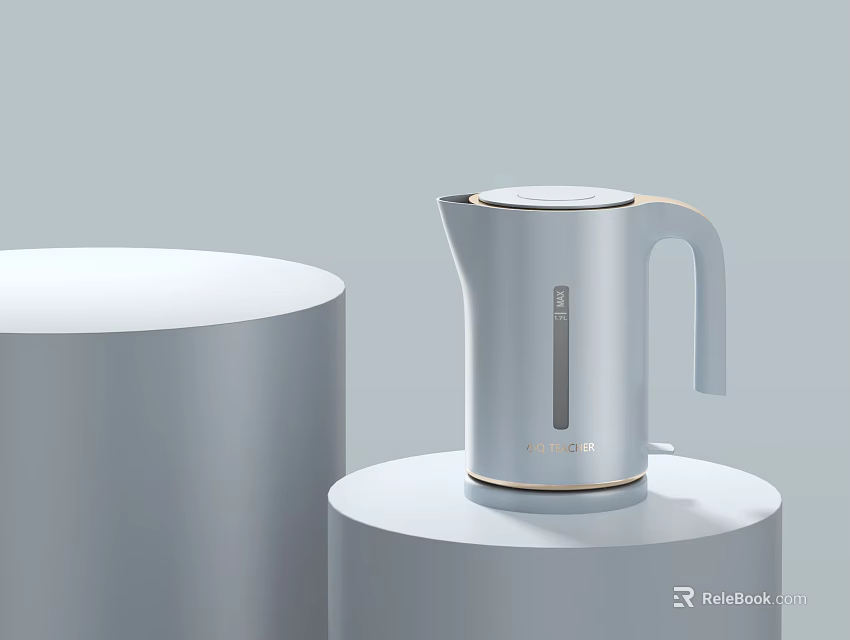 Modern Sleek Gray Electric Kettle On Cylindrical Display Stands Daily Electrical Appliance 3d model 