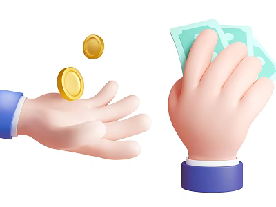Two Hands Exchanging Gold Coins And Green Banknotes During Currency Transaction 3d model