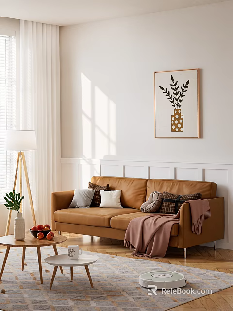 Cozy Brown Sofa Coffee Table Set with Pillows Pink Blanket Fruits Vase and Wall Art 3d model 