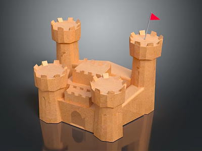 Residential Building With Castle Like Tower Structures And Red Flag Decoration 3d model