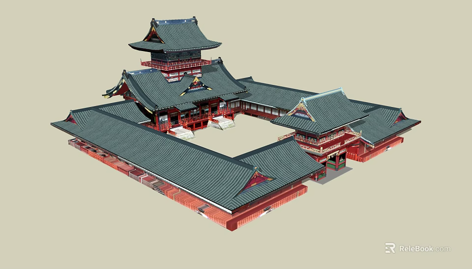 Traditional Chinese Ancient Architecture With Multi tiered Roofs Red Structures And Courtyard 3d model 