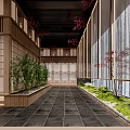 Japanese Style Elevator Hallway With Textured Wall Black Floor Tiles And Green Plants