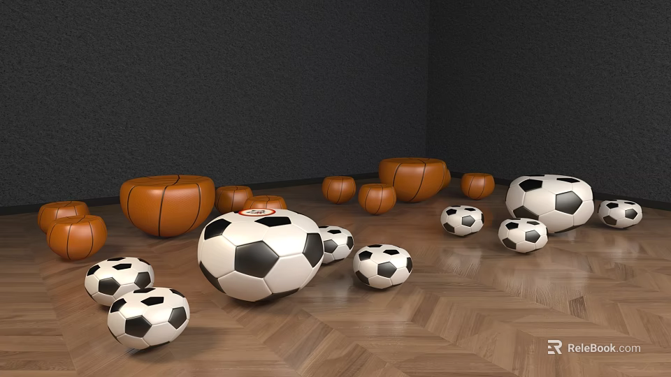 Assorted Soccer And Basketball Balls On Wooden Floor With Dark Walls 3d model 